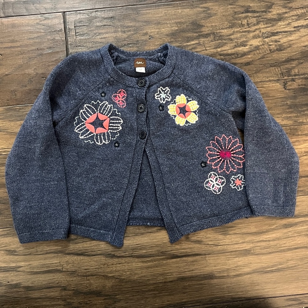 Tea Collection S (4-5) Heather Blue Cardigan with Floral Embroidery